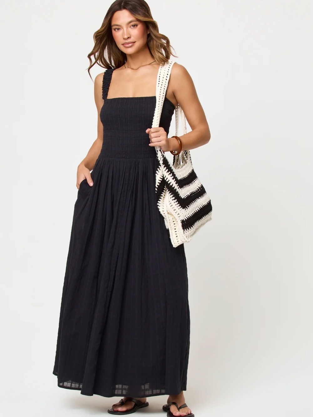 NWT L*SPACE Wren Maxi Dress Black Size L Smocked Cotton $178